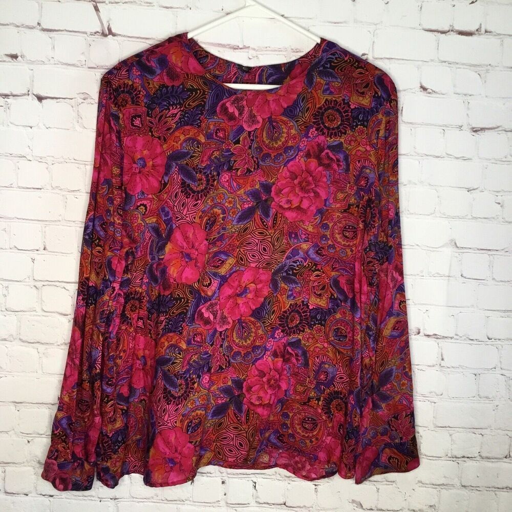 Norton McNaughton Pink Purple Floral Paisley Long Sleeve Button Back Blouse L